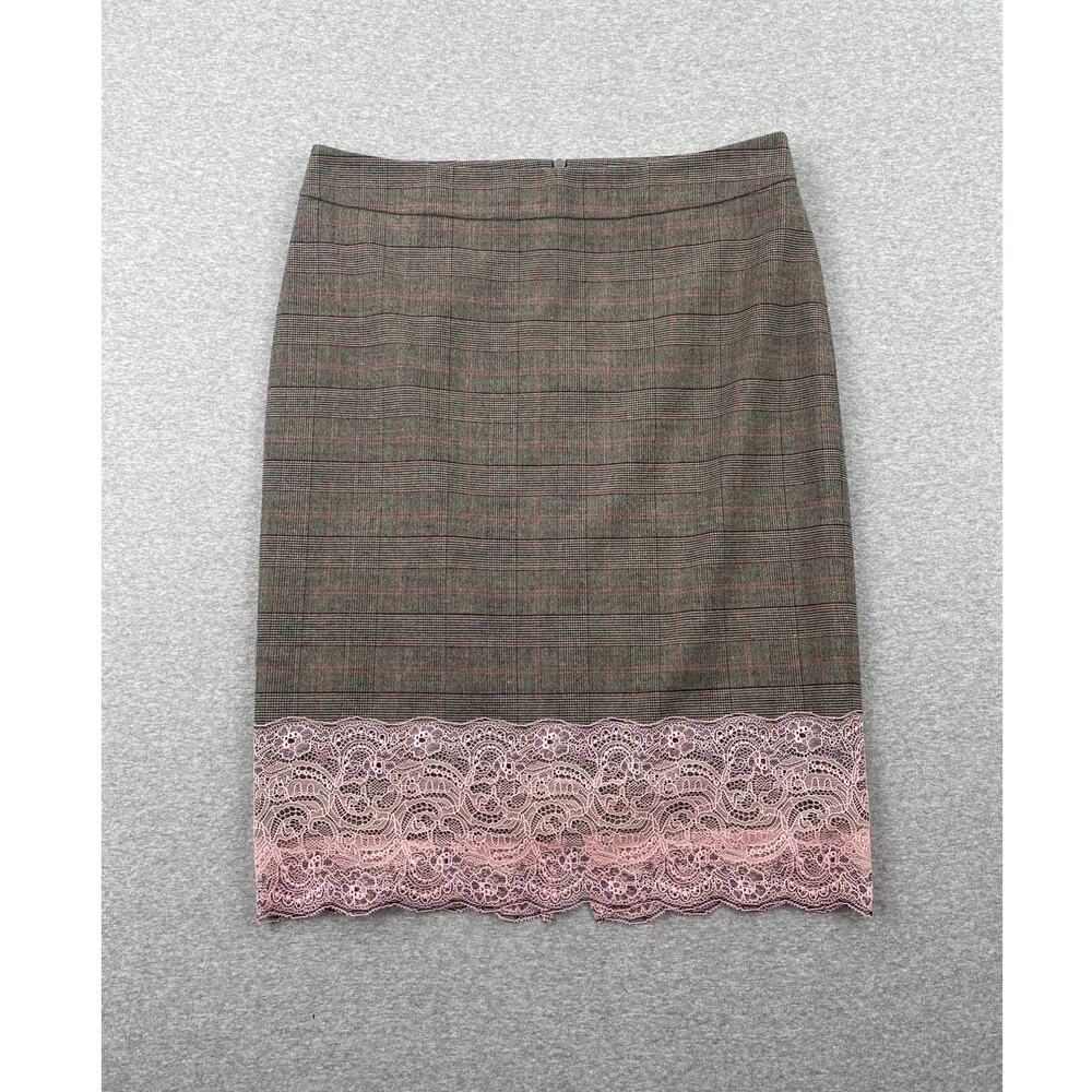 y2k Vintage Tristan Plaid Pencil Skirt Womens 4 Brown Pink Lace Trim Academia